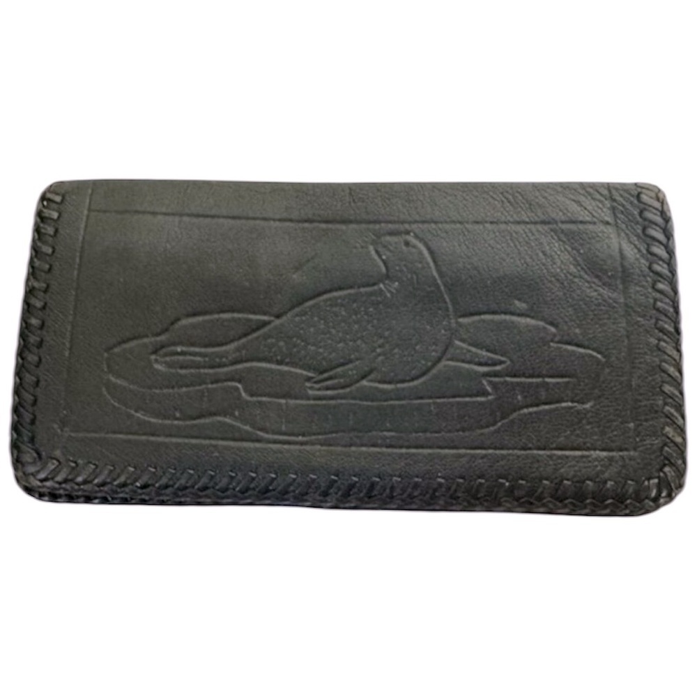 Vintage Tooled Leather Wallet Seal Art Bi-Fold IR Soft Coin Card Case Purse Zip